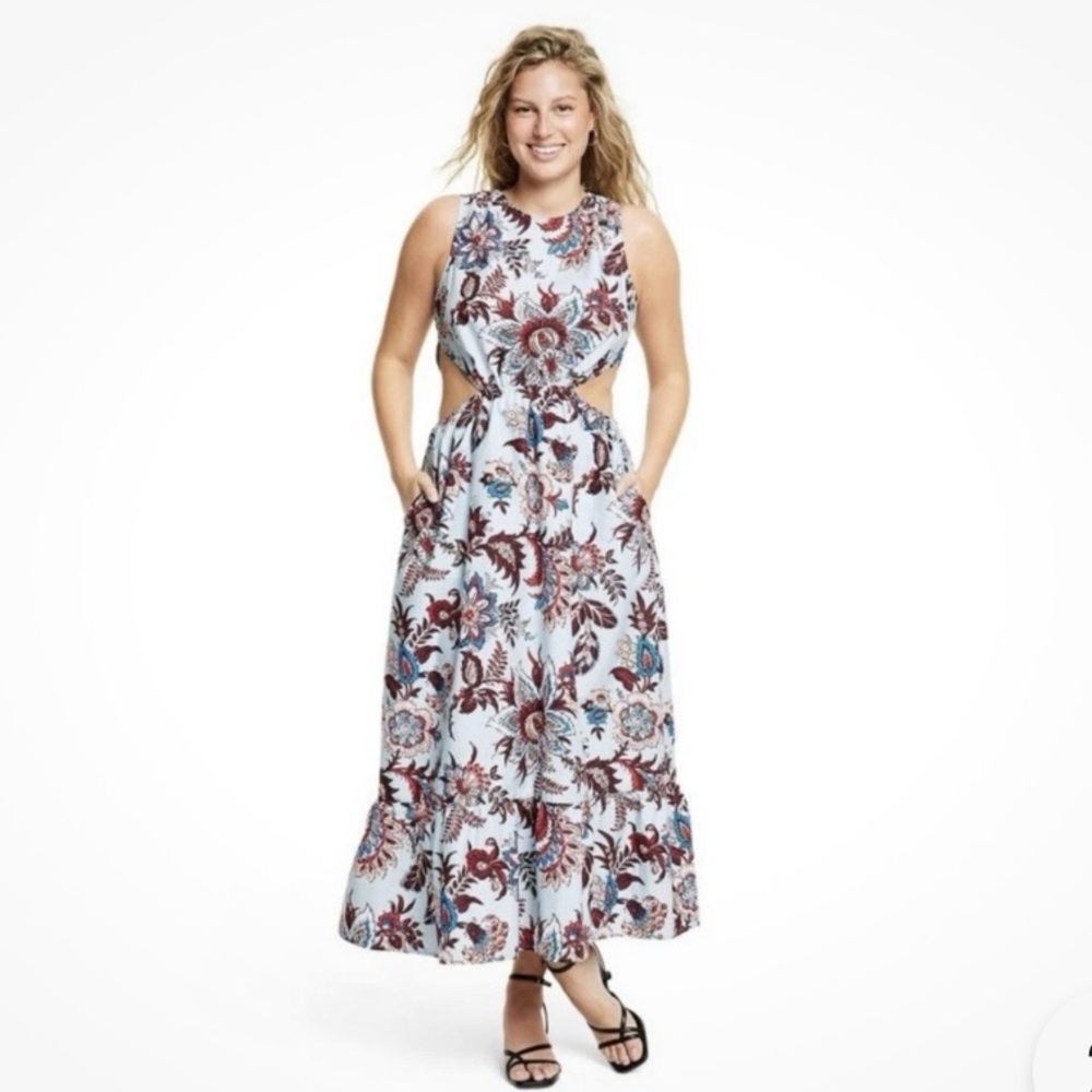 RHODE Blue Floral Midi Dress with Burgundy and Navy Print